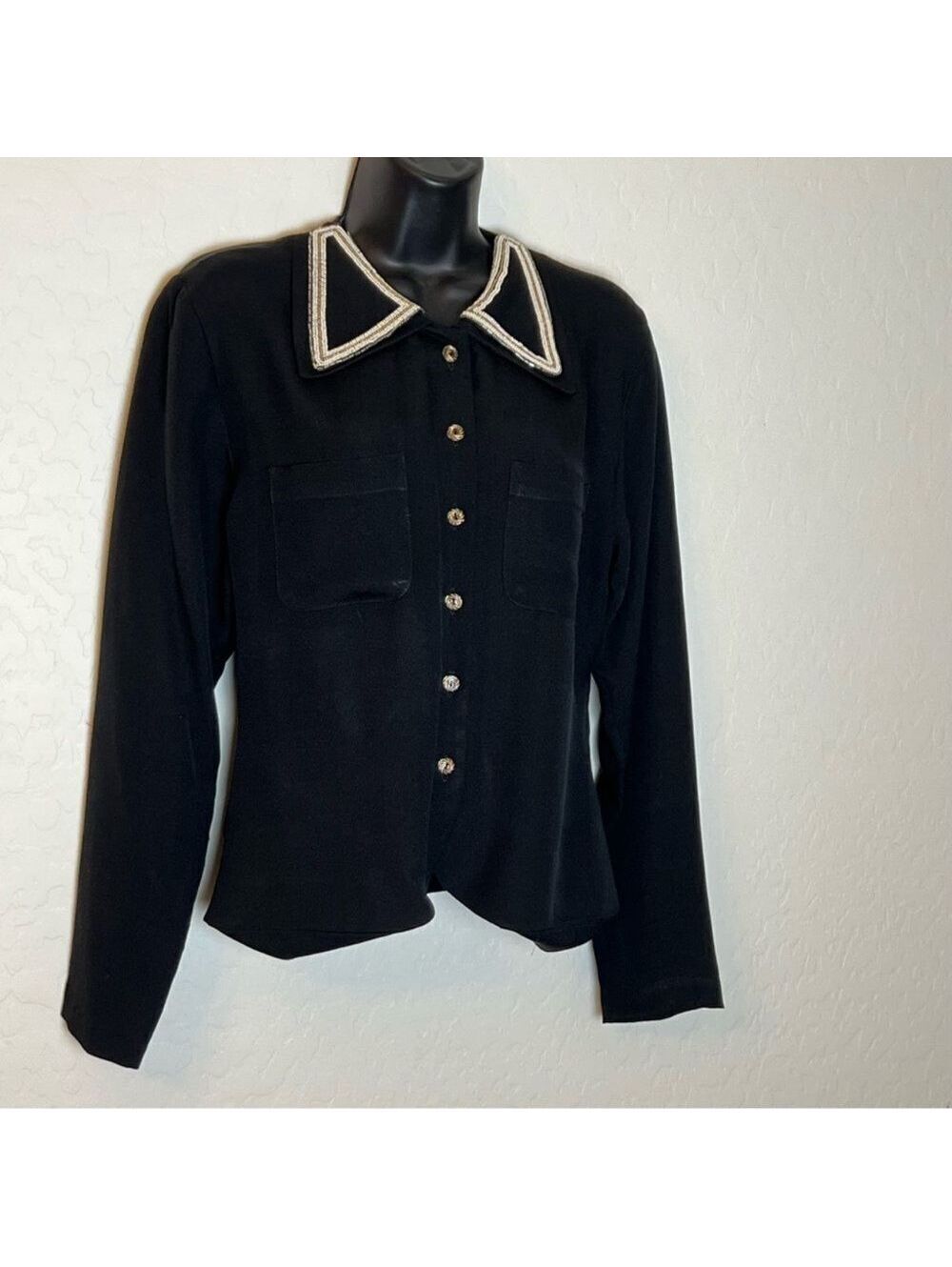 Silk Beaded Blouse Zelda Black 100% Feminine Button Down Collar Fitted Holiday M